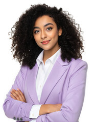 Confident young woman in lavender blazer with crossed arms professional studio portrait
