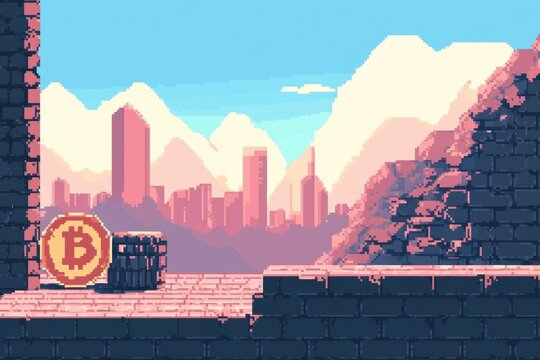 Digital landscape depicting a pixelated city skyline with cryptocurrency elements and mountains under a clear sky and soft color tones