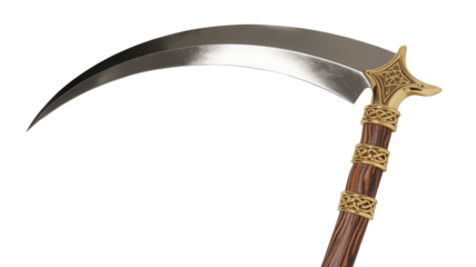 Intricate fantasy scythe prop with golden details and wooden handle for gaming or Halloween concepts