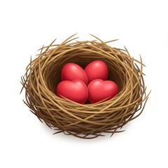 Obraz premium Nest with Four Red Heart Shaped Eggs Symbolic Love and Celebration in Rustic Style