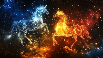 Sagittarius and Aries symbols in a fiery galactic scene, their adventurous spirits glowing brightly under a constellation-filled sky. 