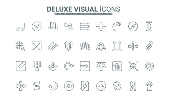 Traffic signs to update and transfer data, exchange and repeat, rotate movement, increase and decrease business expand thin black outline symbols vector illustration. Arrow line icons set.