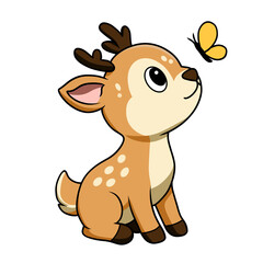 Cute and Whimsical Line Art Illustration of a Happy Deer Playing with Colorful Butterflies - Ideal for Kids, Nursery Decor, and Graphic Design Projects.