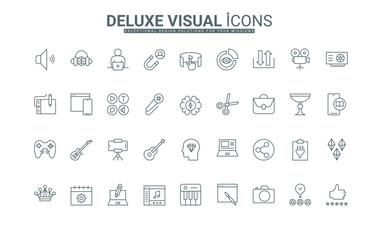 Social media likes and design of authors portfolio and blog, digital product thin black outline symbols vector illustration. Video and audio content production services line icons set.