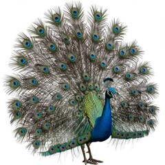 Fototapeta premium Beautiful Peacock Displaying Plumage with Iridescent Colors on a White Background