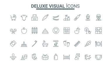 Childish bottle and pacifier, crib and diaper of toddler, toys of playground thin black outline symbols vector illustration. Baby child care and happy pregnancy, motherhood line icon set.