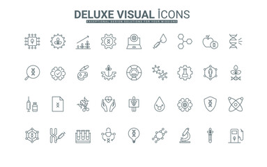 Search for mutations and cut DNA, heredity in human genome, cultured meat, lab microscope thin black outline symbols vector illustration. Genetic research and biotechnology line icon set.