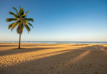 Fototapeta premium Serene tropical beach with solitary palm tree casting long shadows on golden sand vibrant sky