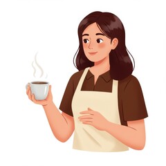 Illustration of a Young Woman Holding a Cup of Coffee Wearing Brown Uniform