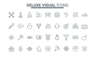 Sport and fight, strategy and puzzle game for players thin black outline symbols vector illustration. Esport, online games for mobile phone, video gaming with controllers line icons set.