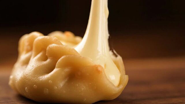 Cheesy Heaven Inside Delicious Mandu Dumpling Revealed On Wooden Surface During Lunchtime Today