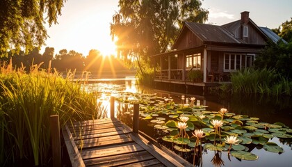 Serene Sunset Over Waterway with Lilies and Rustic Cabin