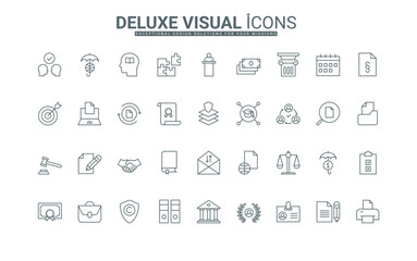 Court building and gavel of judge, handshake of contract and certificate, copyright protection thin black outline symbols vector illustration. Legal documents, law and lawyers line icons set.