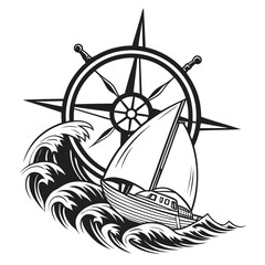 Sailboat with compass rose on the sea