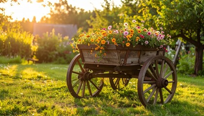 Beautiful wooden cart filled with colorful flowers in garden sunlight