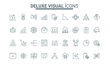 Software and performance graph of analyst thin black outline symbols vector illustration. Data analytics, tools and methods, algorithms for information analysis and management line icons set.