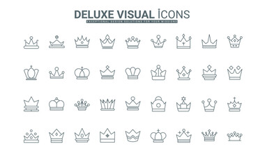 Classic luxury royal sign of king and queen, princess and prince, medieval emperor and empress thin black outline symbols vector illustration. Crowns, wealth and authority line icons set.