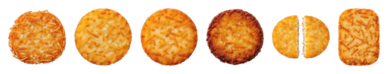 Hash brown set including oval, rectangular, whole, broken, and crispy variations isolated. Breakfast food and snack collection.
