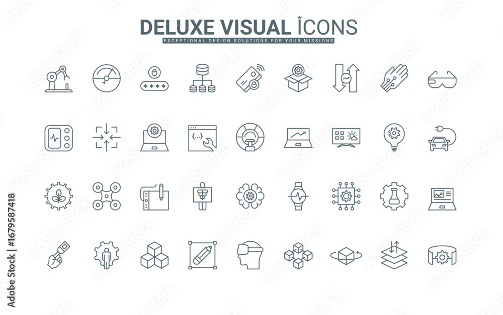 Poster password access to server and laptop, gloves and virtual reality glasses thin black outline symbols 