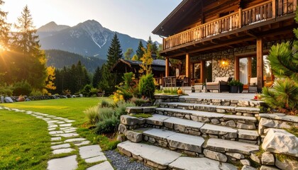Serene Mountain Retreat with Stone Architecture and Lush Landscape
