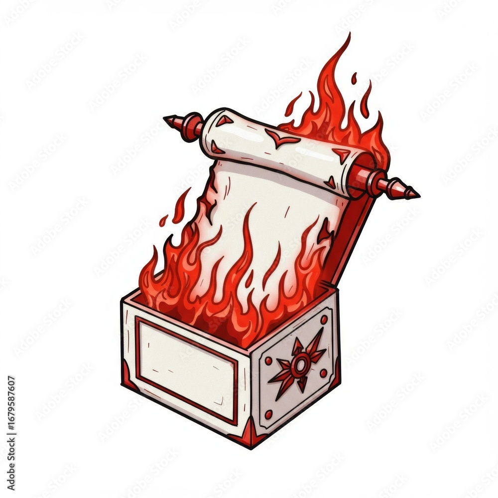 Poster fiery open box with ancient scroll erupting in red flames and warm light