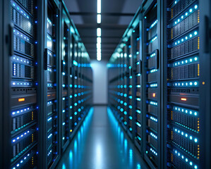 Illuminated server racks glow in high-tech data center corridor with blue and green lights