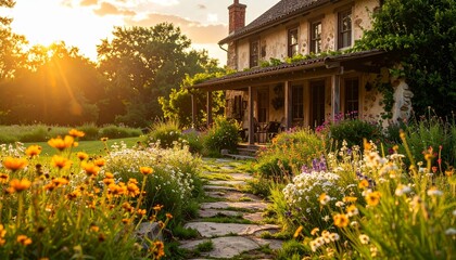 Obraz premium Charming Farmhouse Surrounded by Vibrant Flowers at Sunset
