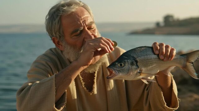 Apostle, old man holding fish with coin in mouth by the sea. Bible story from Matthew 17:24-27. For religious publications and teachings.