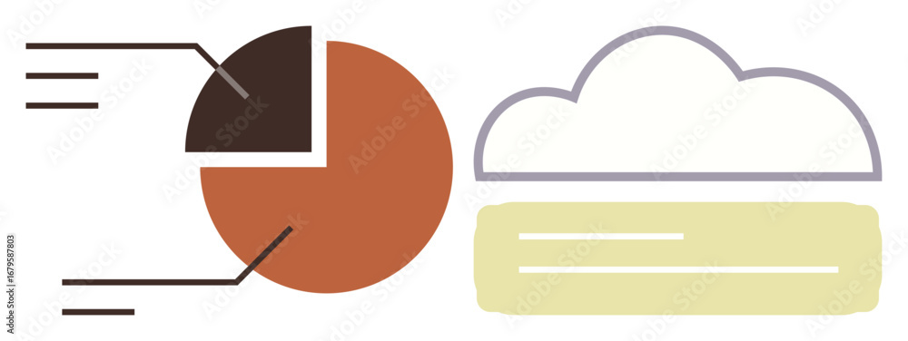 Aufkleber split pie chart with detailed segments and information lines next to a stylized cloud storage graphi