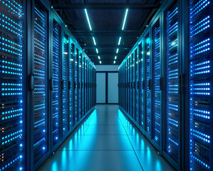Illuminated data center hallway rows of glowing server racks with blue lights in high-tech facility