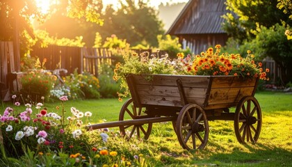 Flower Cart with Vibrant Blooms in a Serene Garden at Sunset