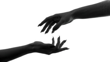 Dramatic hands reaching, connection concept, dark mood, unity, hope, and support in monochrome