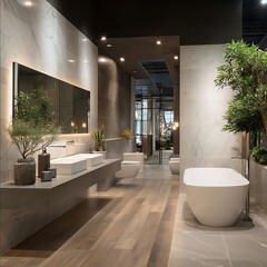 A luxurious modern showroom interior showcasing large porcelain tiles sizes 2x4 ft 3x6 ft on floor and walls with elegant wooden laminated floor planks in rich