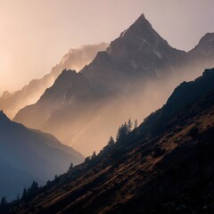 Serene himalayan mountain range majestic peaks bathed in soft golden hour light peaceful landscape