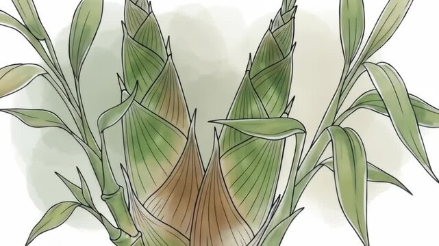 Two bamboo shoots with leaves, showing thin, dark outlines and soft green and brown watercolor-style fills
