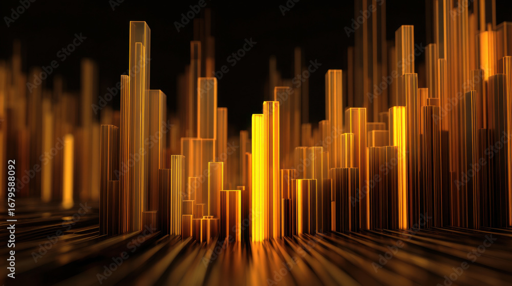 Poster golden abstract structures rise and fall, creating dynamic visual landscape. interplay of light and 