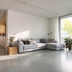 Focus on an satin light grey microcement floor extra satin finish seamless surface soft texture with spatula marks The microcement floor is located in a moder