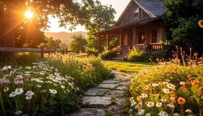 Charming Cottage Surrounded by Blooming Flowers at Sunset