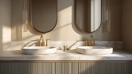 A luxurious double sink bathroom vanity with a modern minimalist design White marble or quartz countertop with two undermount sinks Sculptural curved gold fau