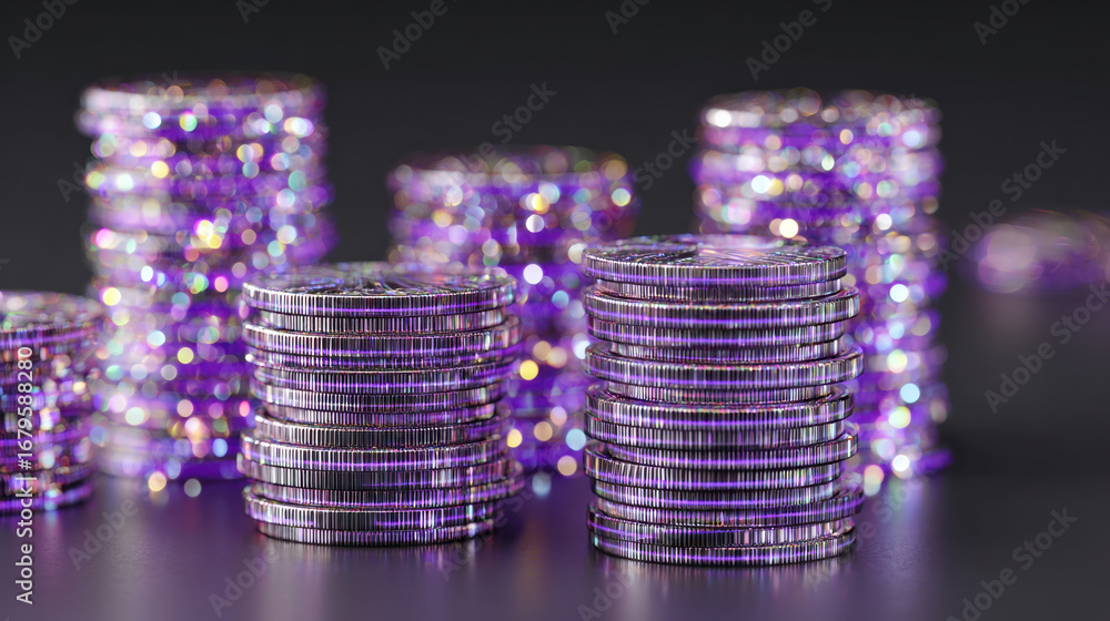 Poster shiny purple coins stacked in various heights create visually striking display, reflecting light and