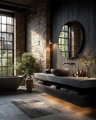 Dark oak bathroom vanity with a white sink dark wood wall and a round mirror in a modern wabisabi style Warm lighting and a floortoceiling window on the left
