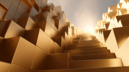 Golden staircase abstract design upward perspective light source geometric shapes modern art shiny surface 3D rendering surreal atmosphere warm tones