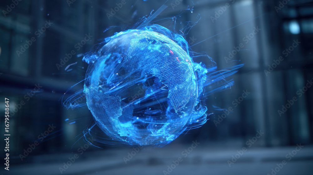 Poster digital representation of glowing blue globe, showcasing interconnected lines and data points, symbo