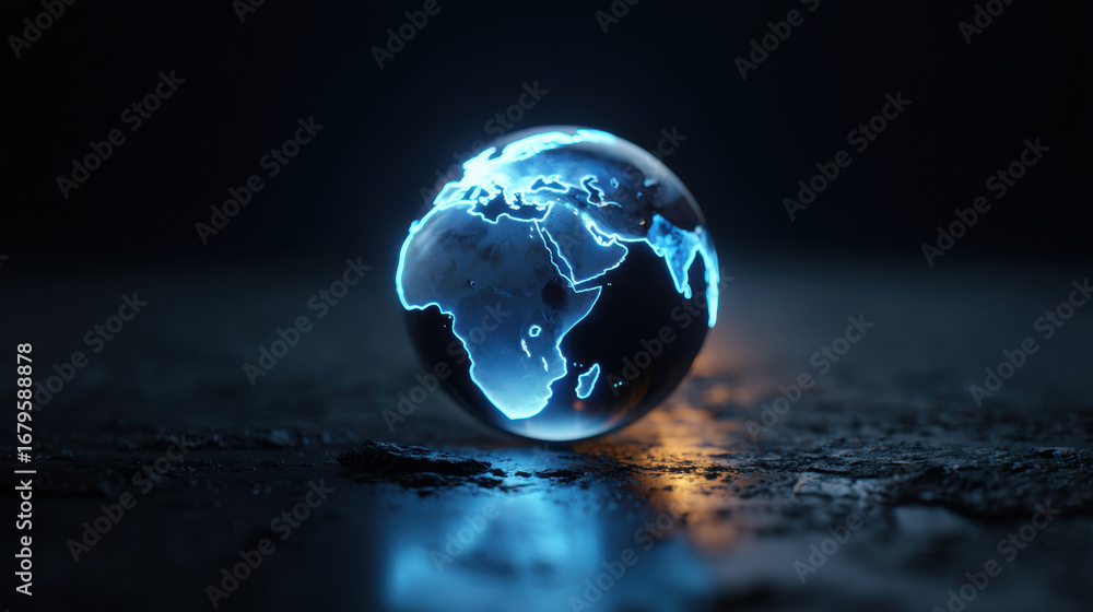 Poster glowing globe representing earth, showcasing illuminated continents and oceans against dark backgrou