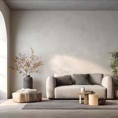Interior wall mockup in Bravacasa editorial style with Scandinavian design aesthetics The scene features a serene and modern living room with minimalist furni