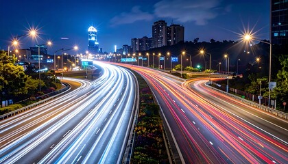 Fototapeta premium A night-time highway scene showcasing streaks of light from moving vehicles, creating a vibrant and dynamic cityscape backdrop.