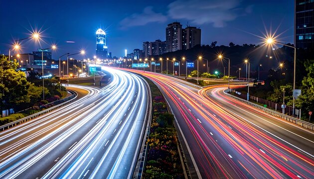 A night-time highway scene showcasing streaks of light from moving vehicles, creating a vibrant and dynamic cityscape backdrop.