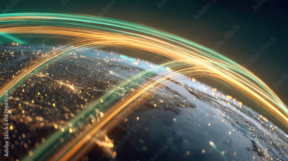 Poster stunning view of earth from space, showcasing illuminated cities and vibrant light trails representi