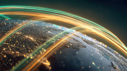 Stunning view of Earth from space, showcasing illuminated cities and vibrant light trails representing data flow and connectivity. This captures essence of global communication and technology