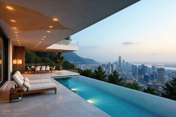 Fototapeta premium Luxury cityscape holiday villa with stunning panoramic views, perfect for a relaxing getaway Modern architecture, spacious interiors, city skyline backdrop , window, downtown, city lights